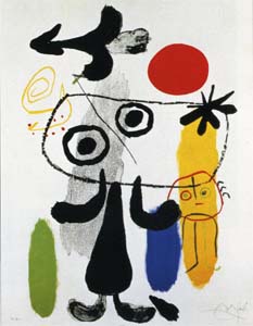 Poster: Mirò: Figur gegen rote Sonne - 40x50 cm